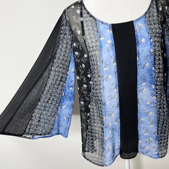 Style & Co Womens Peasant Top M Blue & Black Floral Mix Print Bell Sleeve Sheer - Picture 5 of 10